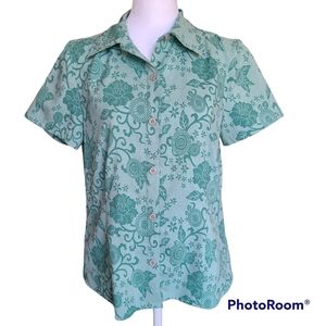 Royal Robbins Teal Floral Print Short Sleeve Button Down Top